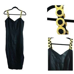 BOUILLABAISSE Deborah Vintage Black Linen Gold-Tone Metal Medallion Straps Dress